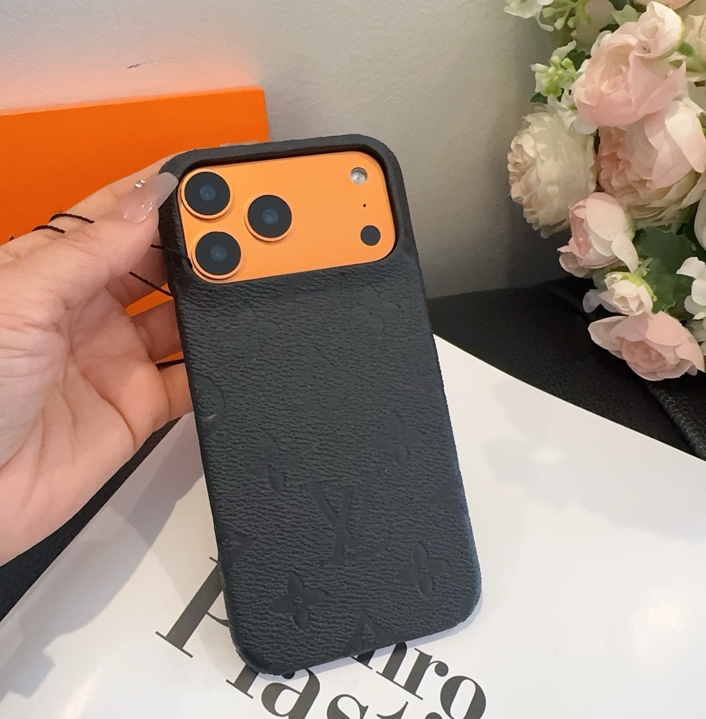 Louis Vuitton Style Embossed Monogram Leather Slim Phone Case