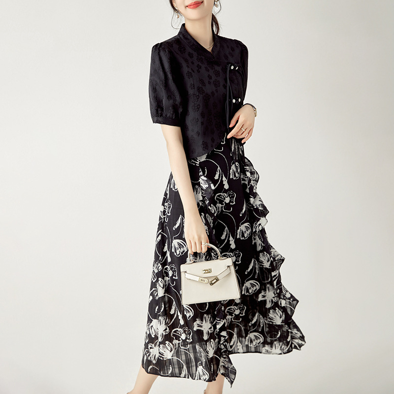 Faionable Floral Print Two-Piece Set Women's Summer Square Collar ort Sve Top High Waist Skirt