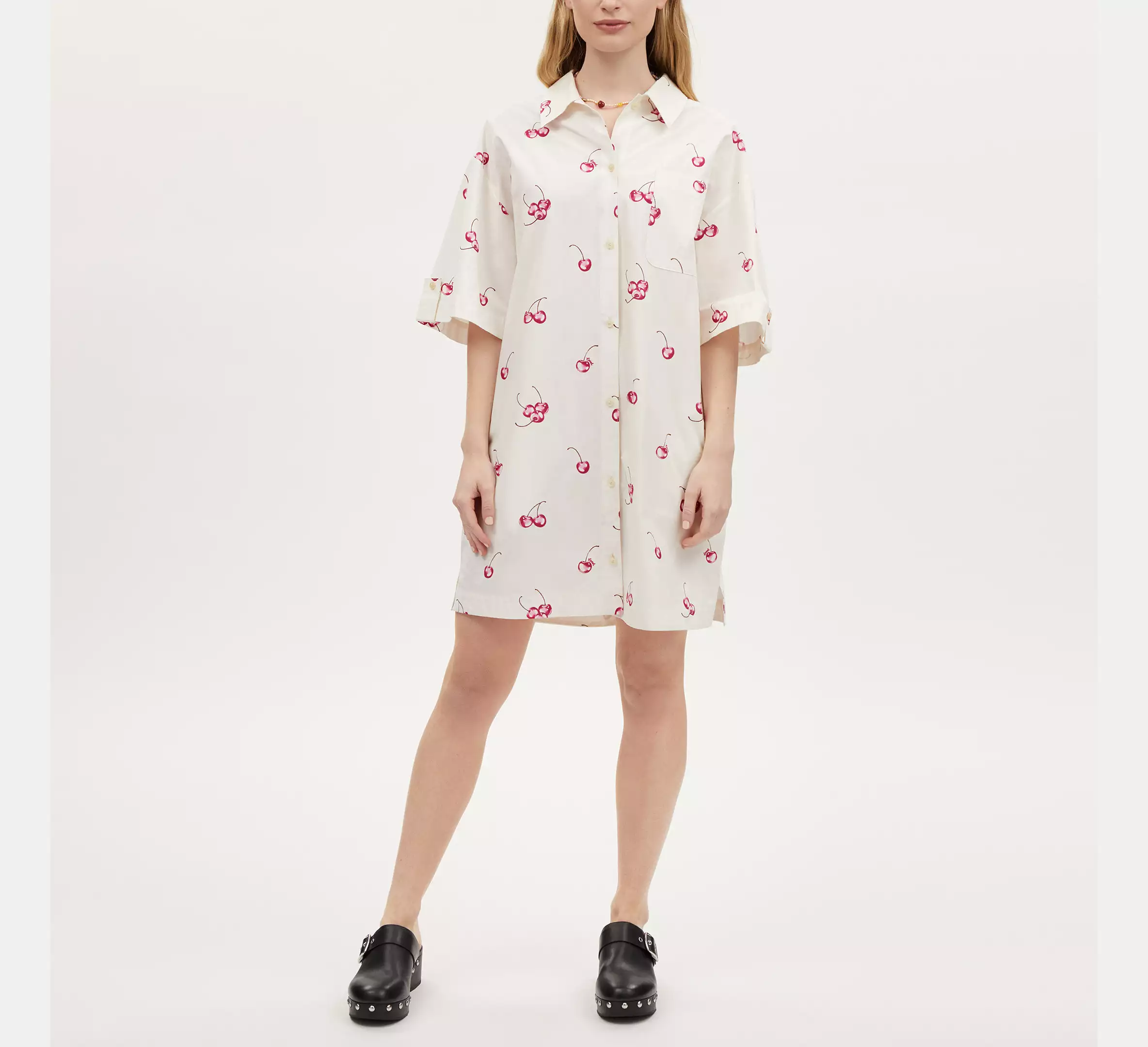 Cherry Print Button Front Short Dress In Organic Cotton