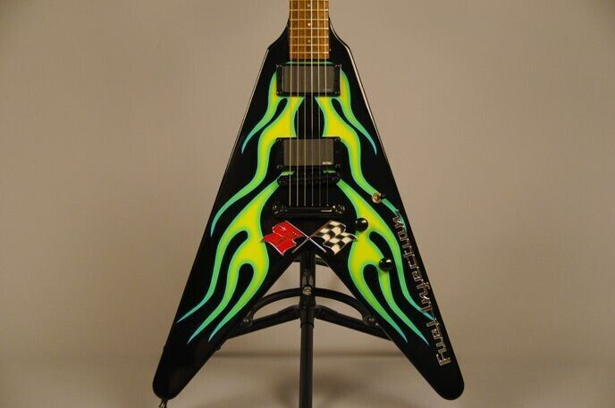 Metallic Hot sale Rod Flying V Green Flames Electric Guitar Star Inlay