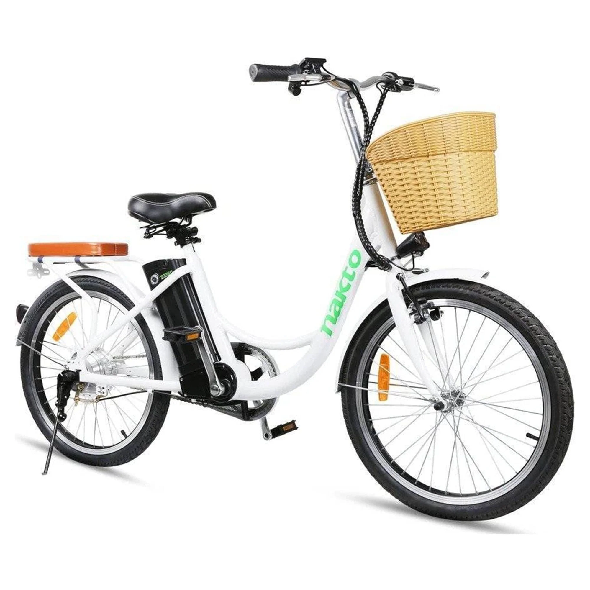 NAKTO Elegance 22in Electric Cruiser Bike with Basket, White