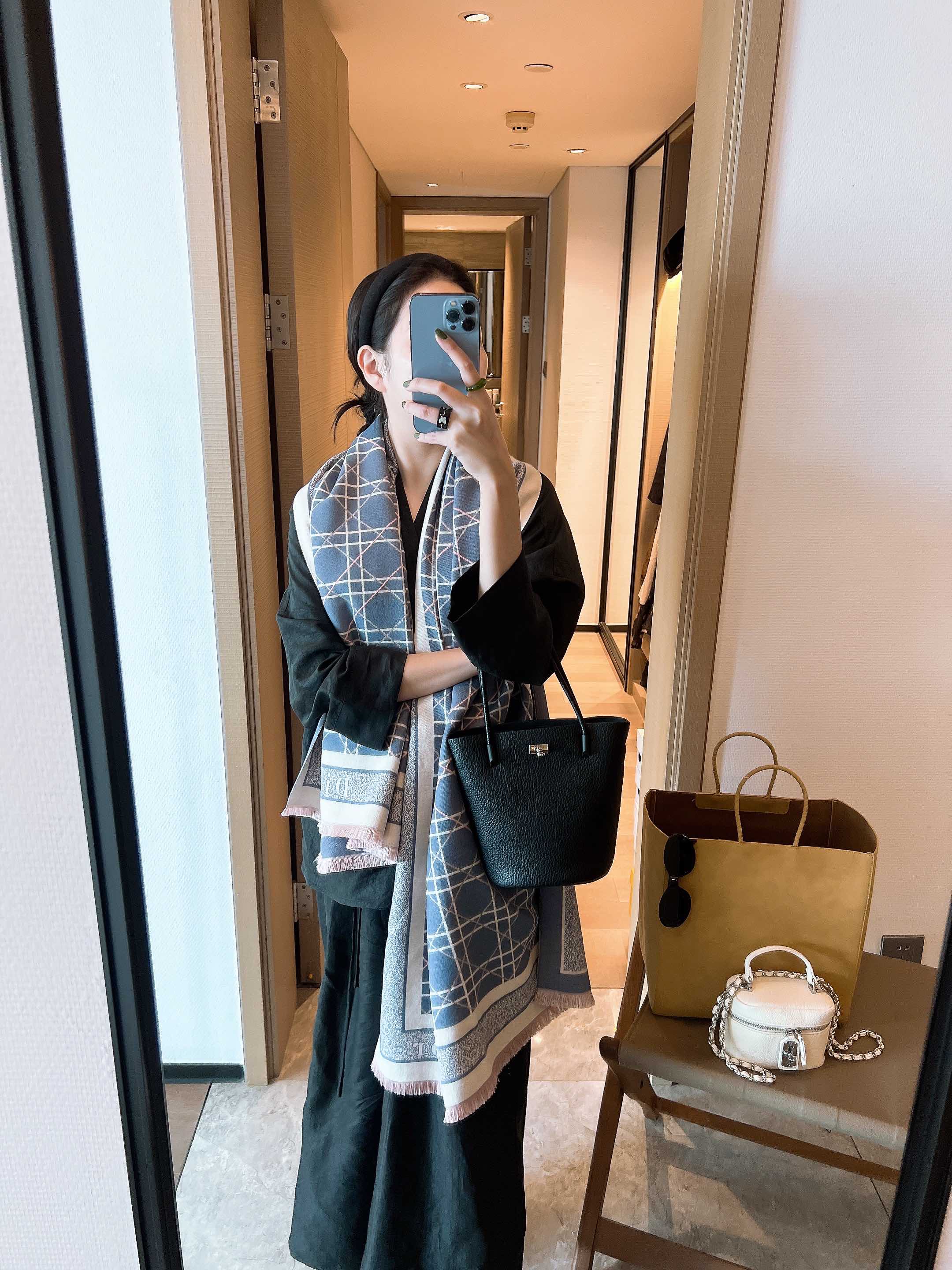 Dior Fringed Cashmere Scarf Black and Blue