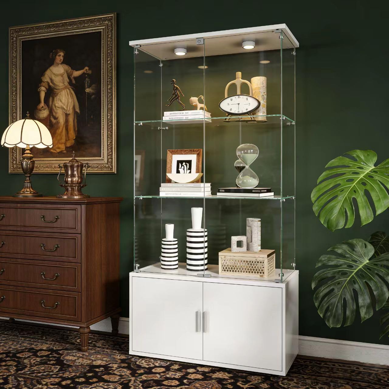 QIHAI Tempered Glass Display Cabinet,Corner Cabinet with Lights and Locks,Bottom Equipped Adjustable Foot,for Various Floors,Living Room,Corridor,Office,White