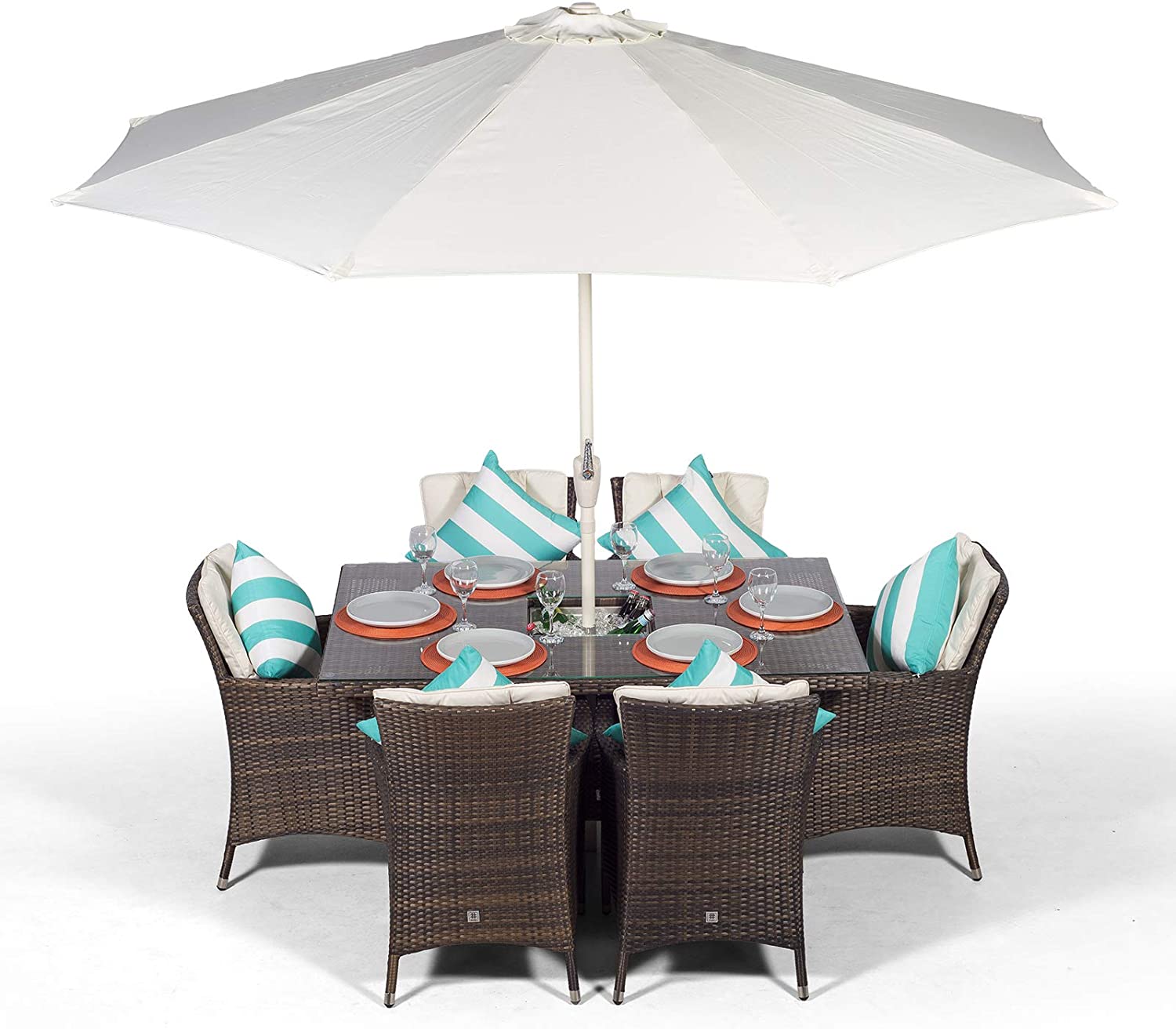 Rattan Garden Dining Table & 6 Chairs with Cushions