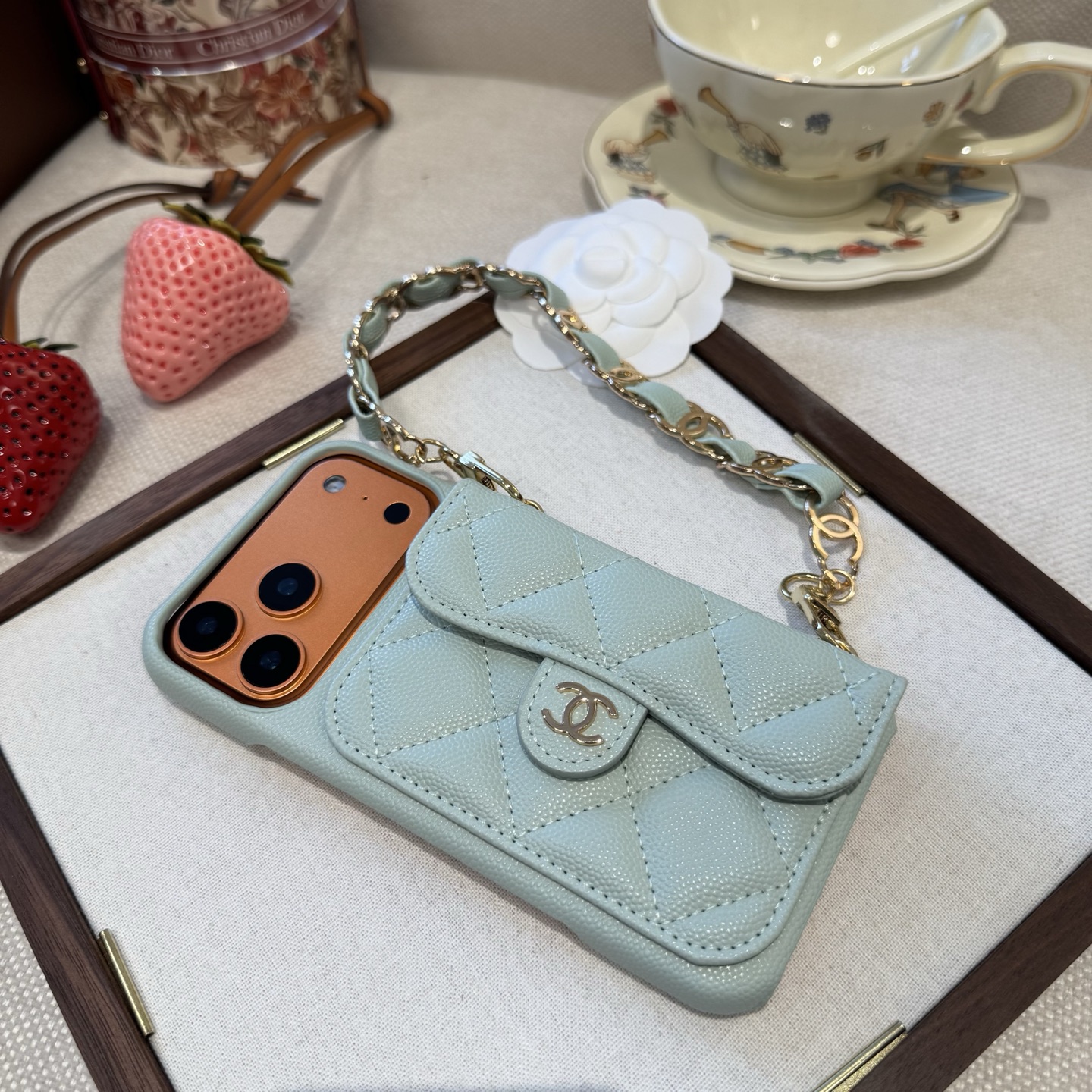 Light Blue Chanel Style Quilted Caviar Leather Card Slot Chain Strap Luxury Phone Case