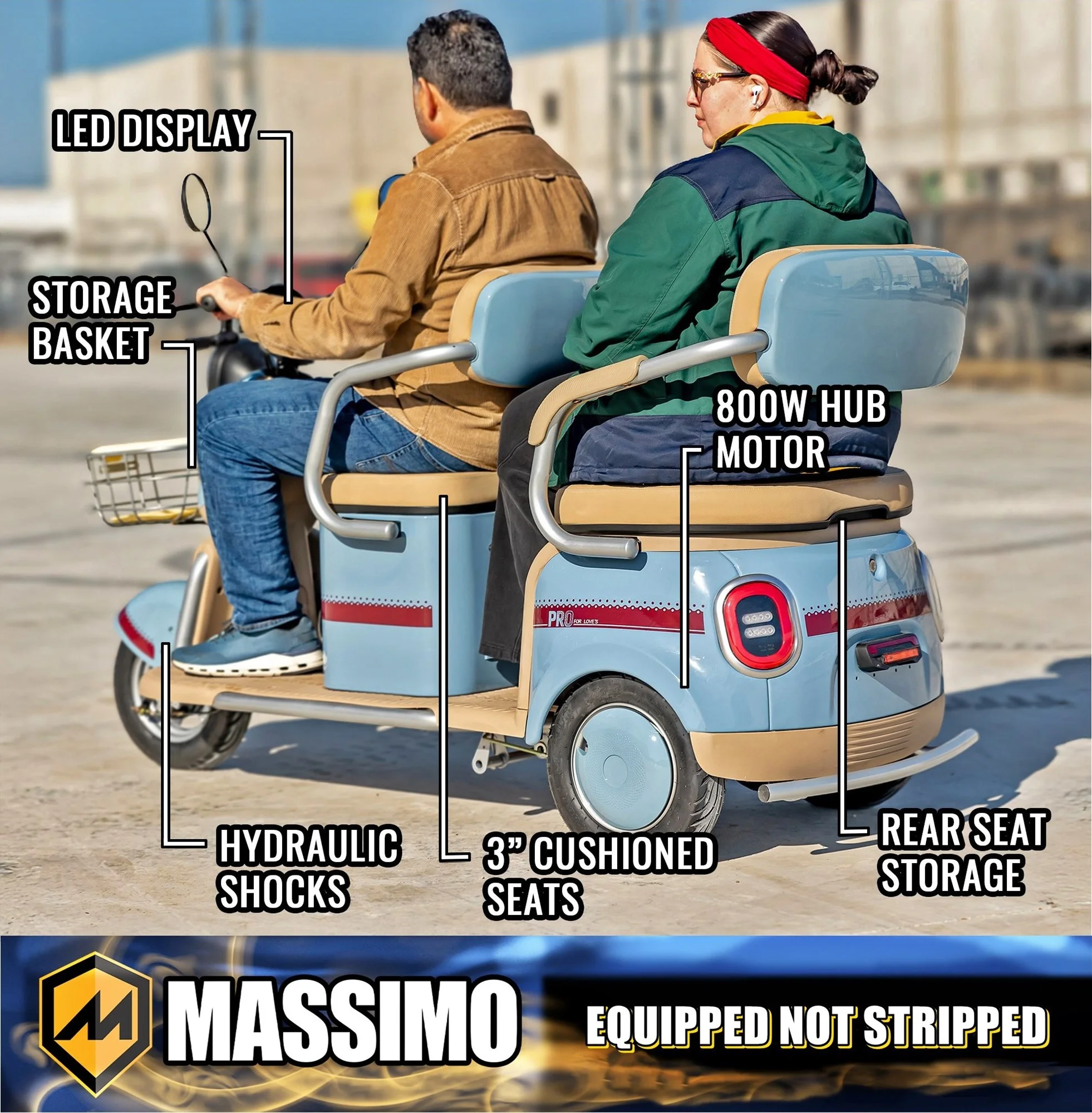 Massimo MGC Two-Seat 3-Wheel Electric Cart, Blue