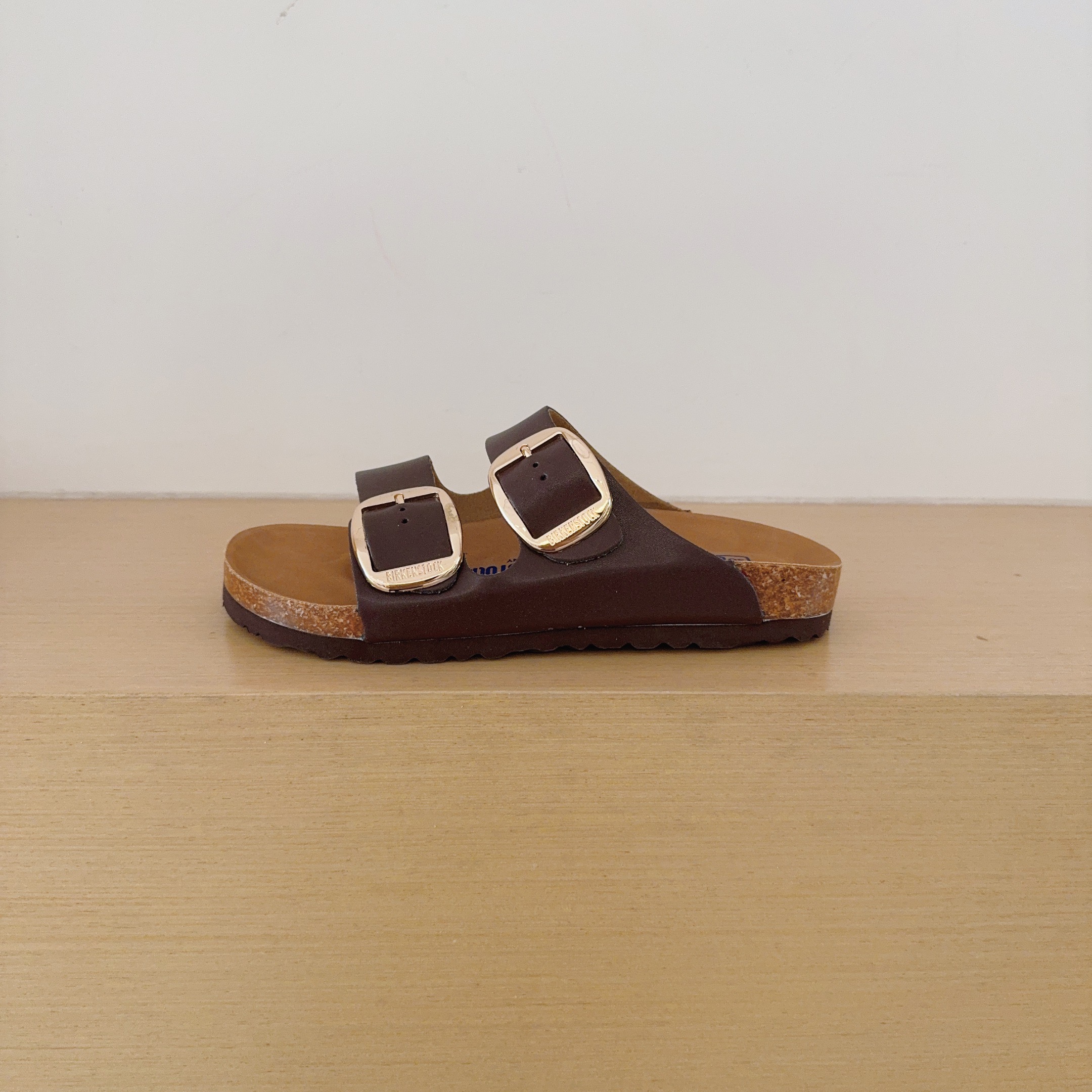 Round Gold Buckle Birken-Style Two-Strap Sandals