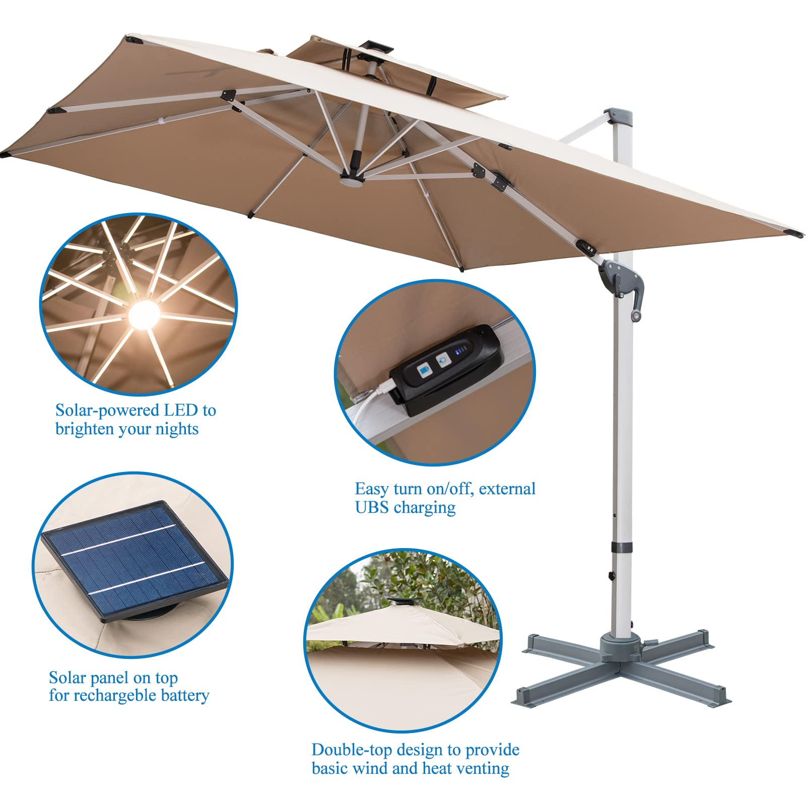 10 FT Square Cantilever Umbrella with Solar LED Lights & Cross