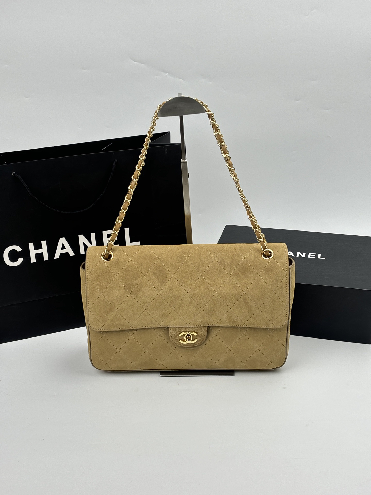 Chanel Medium Classic Flap Quilted Suede Leather Gold Chain Shoulder Bag