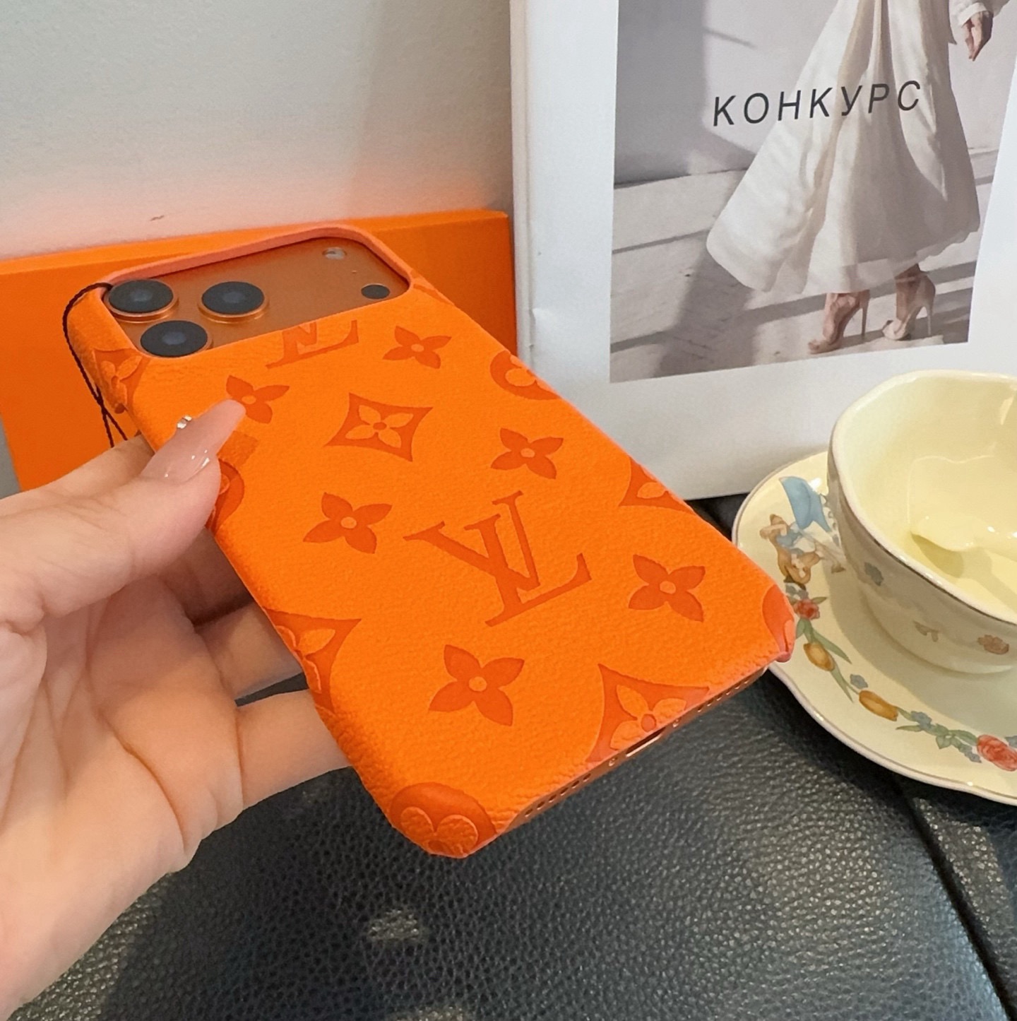 Louis Vuitton Style Embossed Monogram Leather Slim Phone Case