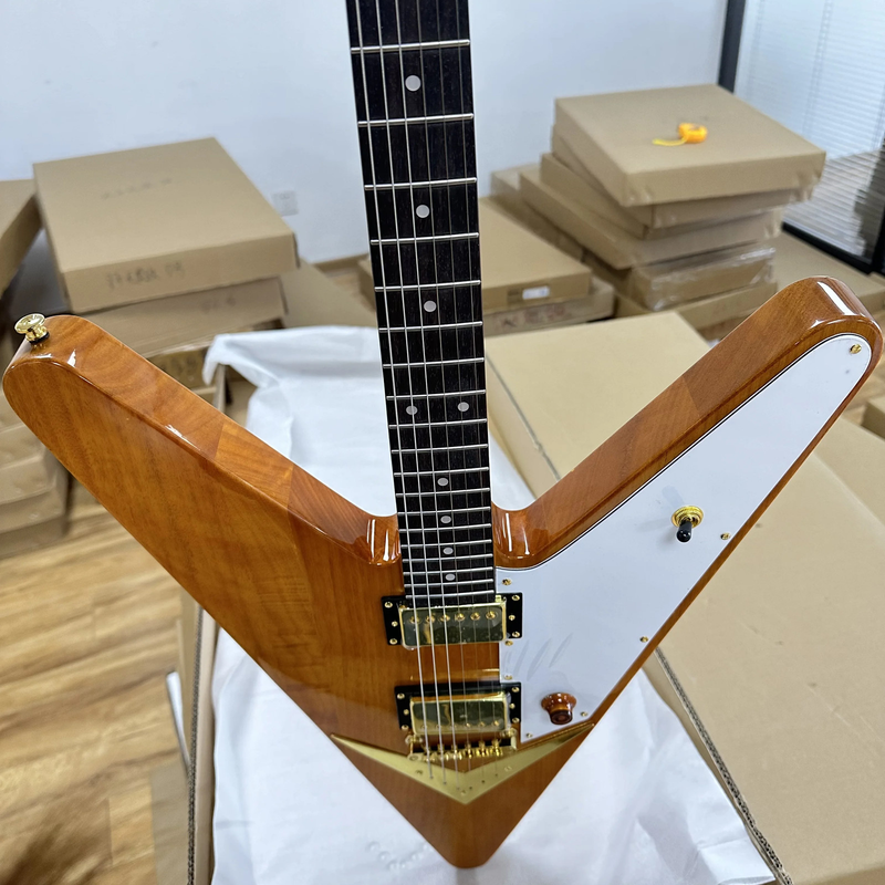 Yellow Reverse Electric Guitar Flying V HH Pickups 6 strings Guitar