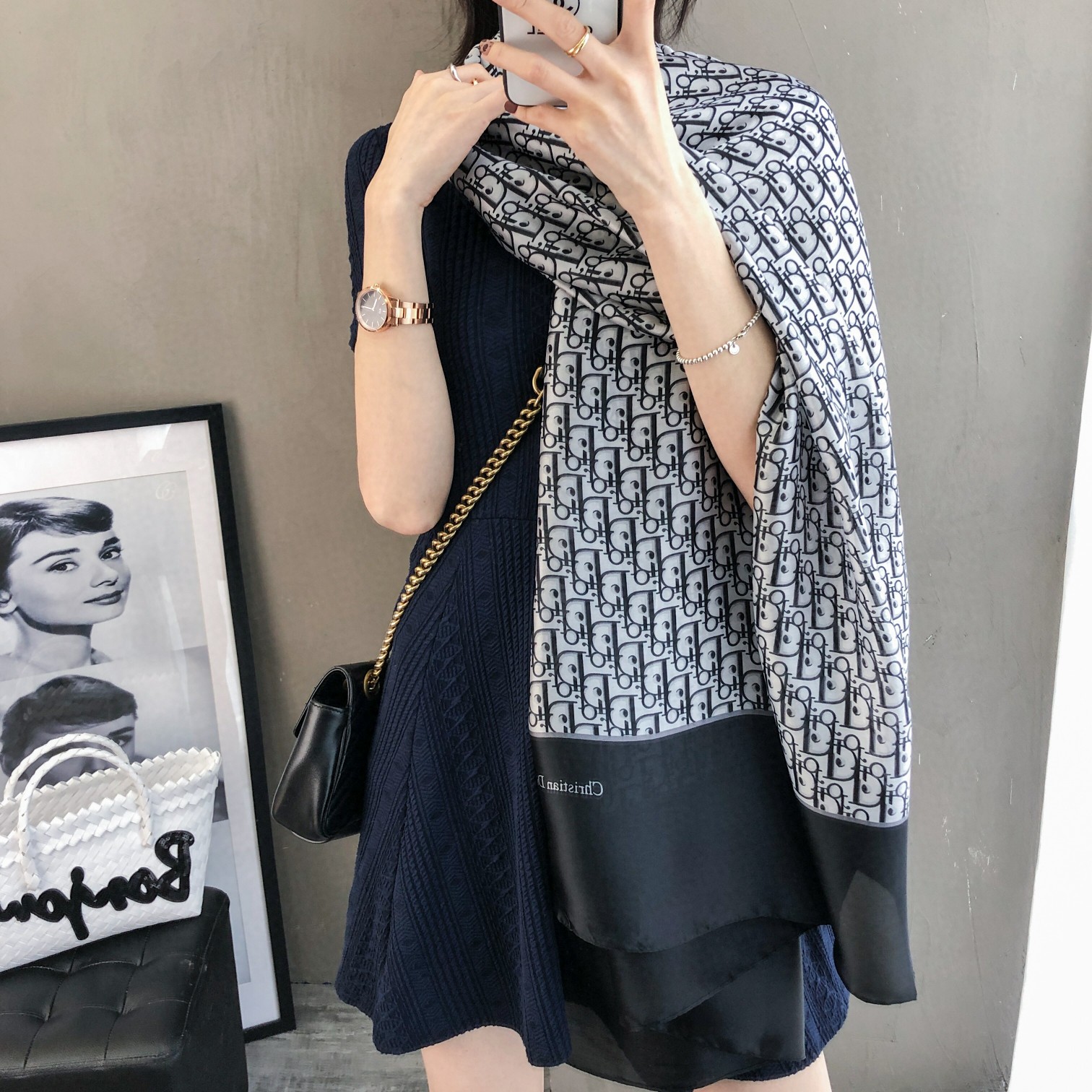 Dior Oblique Scarf Beige and Black 90 x 180 cm