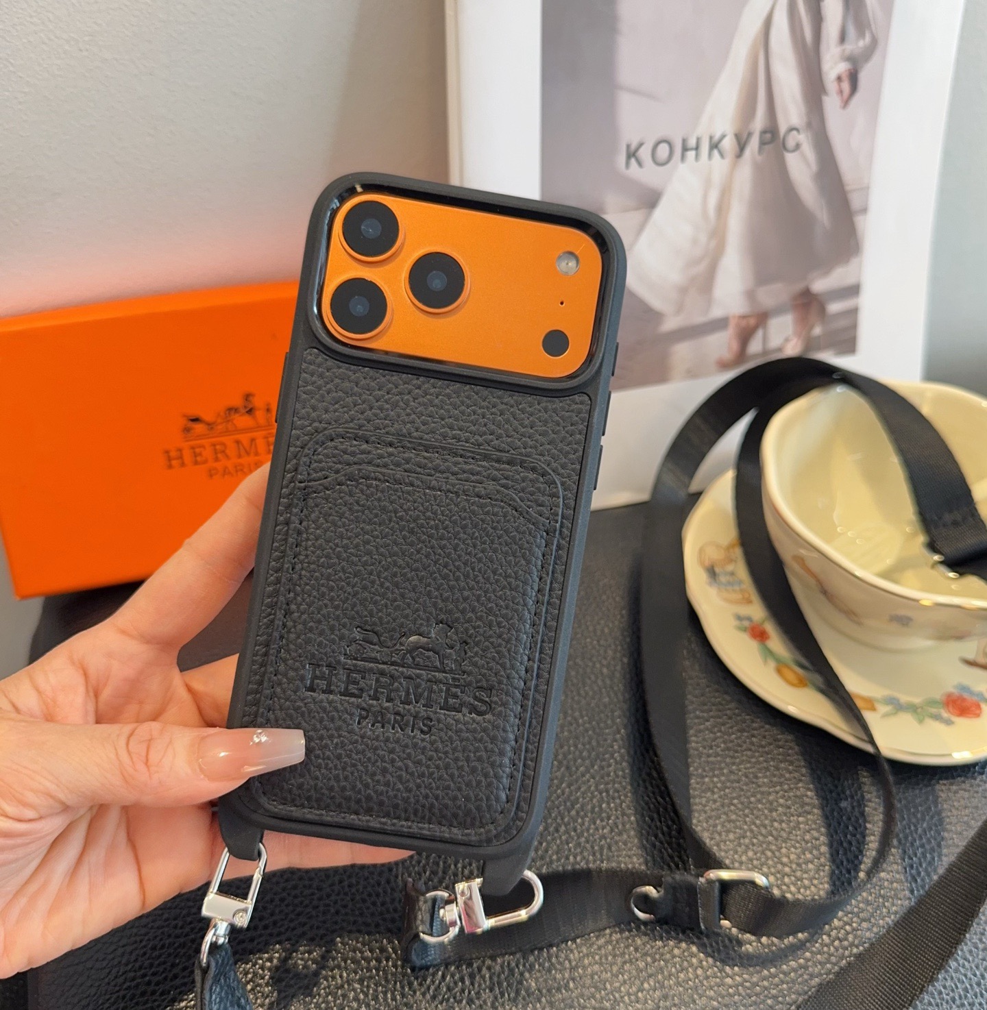 Hermès Paris Embossed Leather Card Pocket Crossbody Luxury Phone Case