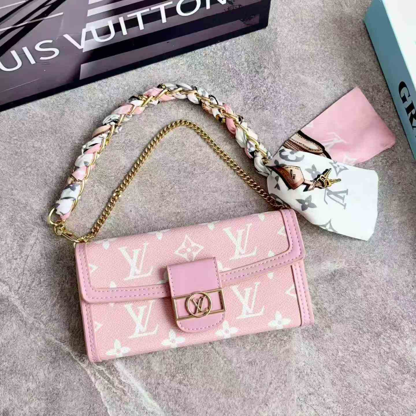 LV Monogram Baguette Shoulder Bag Mini Flap Handbag With Silk Scarf Chain Strap