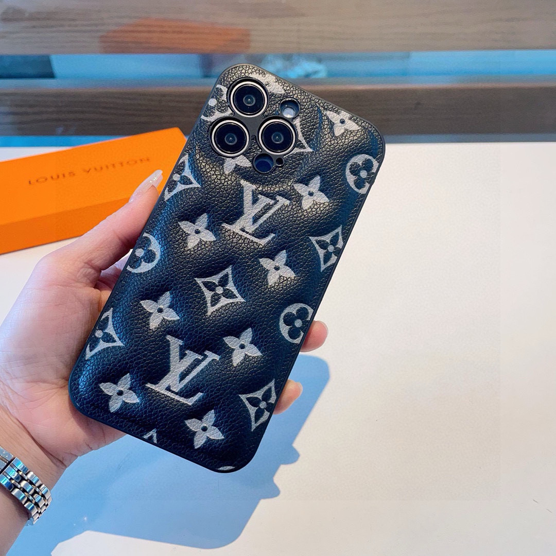 Louis Vuitton Black Monogram Embossed Leather Padded Shockproof Phone Case