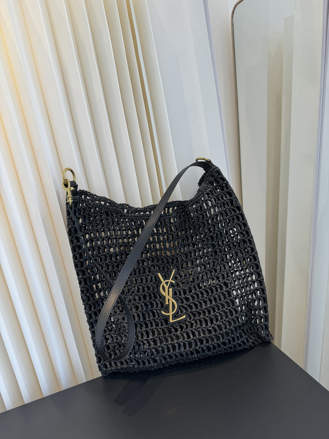 YSL Oxalis Leather-Trimmed Crocheted Raffia Shoulder Bag