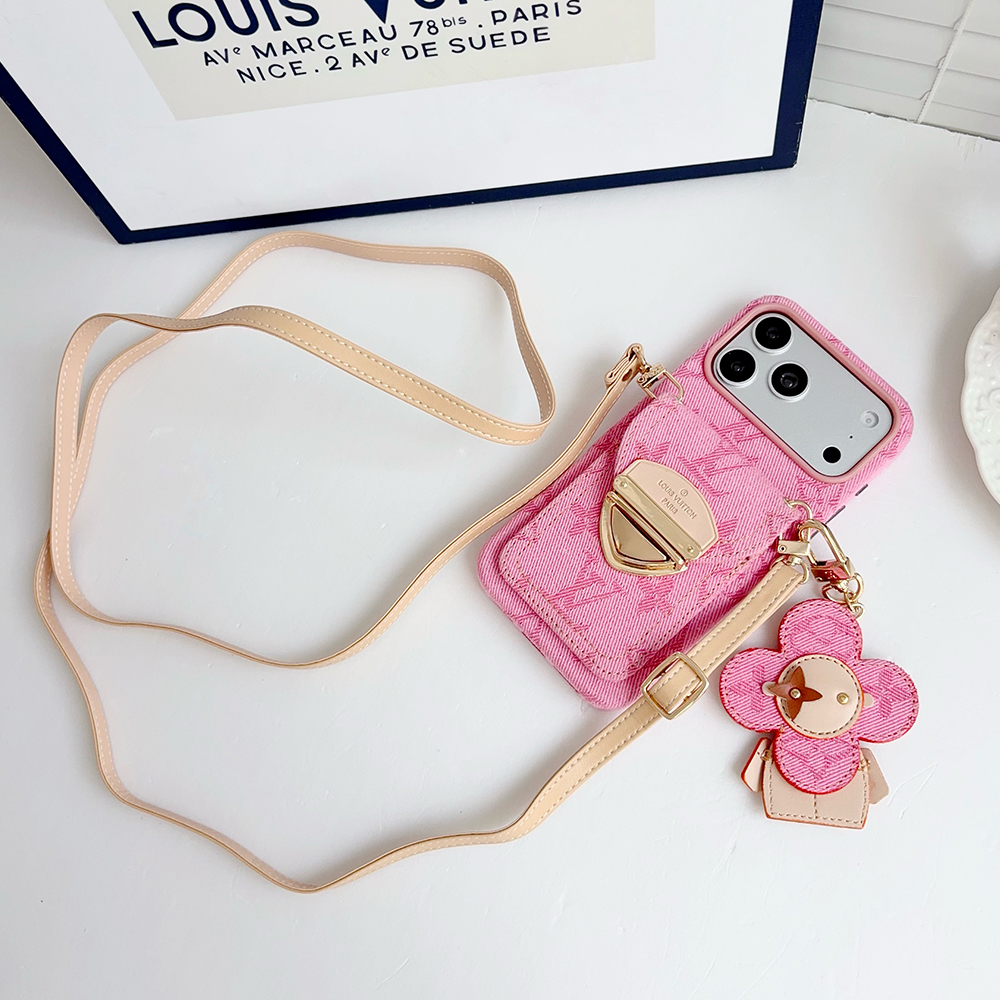 LV Monogram Denim Card Holder Phone Case With Chain Wrist Strap Vivienne Flower Charm