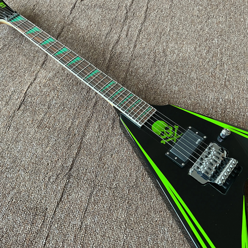 NEW ARRIVAL V Shape Electric Guitar Green Skull Print Alexi Laiho Rock Guitar