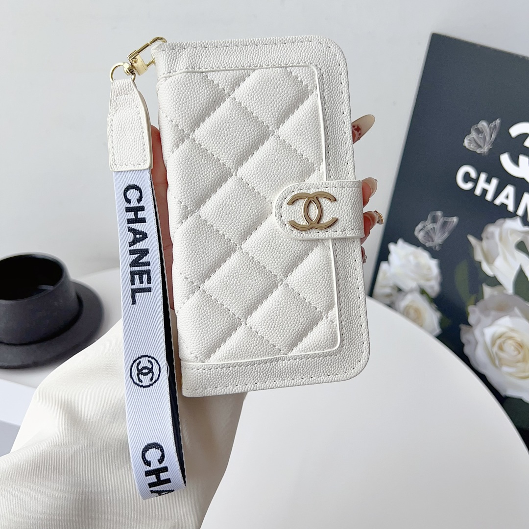 Chanel Style Diamond Quilted Leather Flip Wallet Phone Case with Wrist Strap