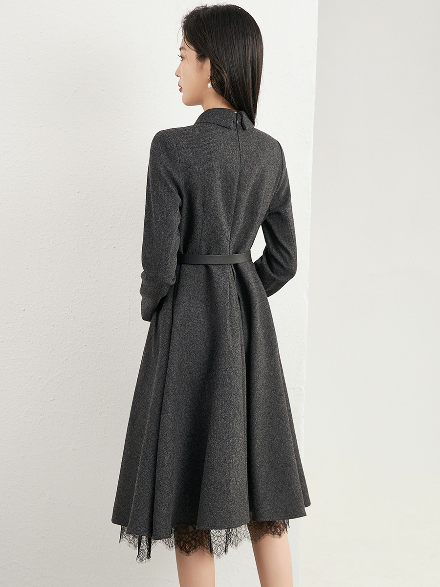 Women's Dress with Tweed Pattern Heavy Wool Waist Cinching Full Skirt Quality Name Lady Midi Dress