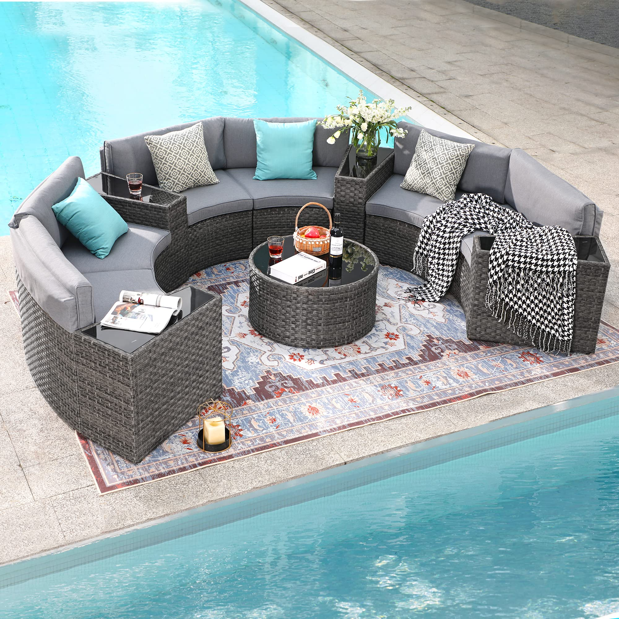 Outdoor Patio Furniture 11-Piece Half-Moon Sectional Round