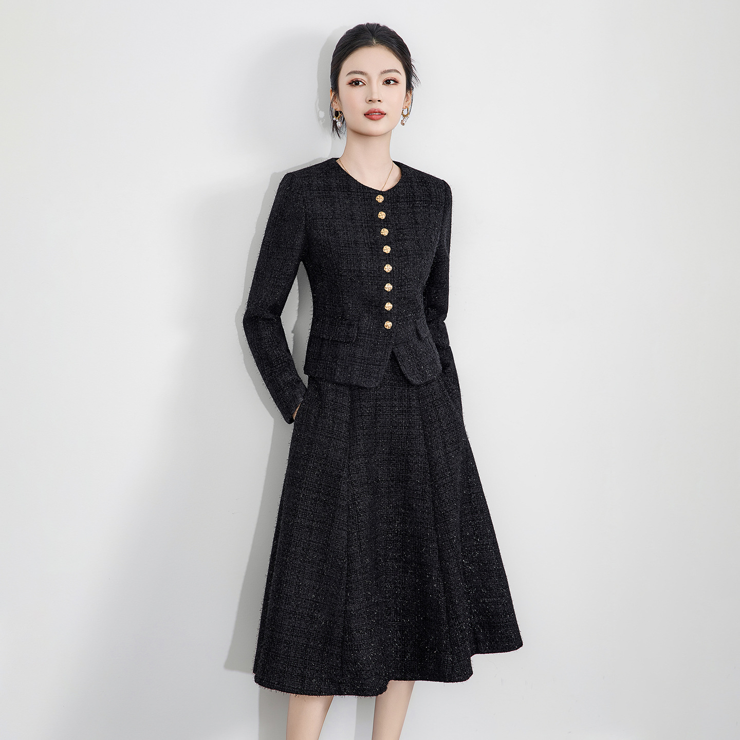 Women's Suit Celebrity Fashion Slim Long Sleeve Jacket Top + Skirt Elegant Tweed Two Piece Set
