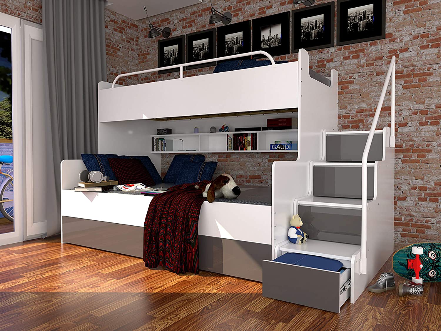 Bunk Bed for 2 Children Stairs Shelves Drawers Rail