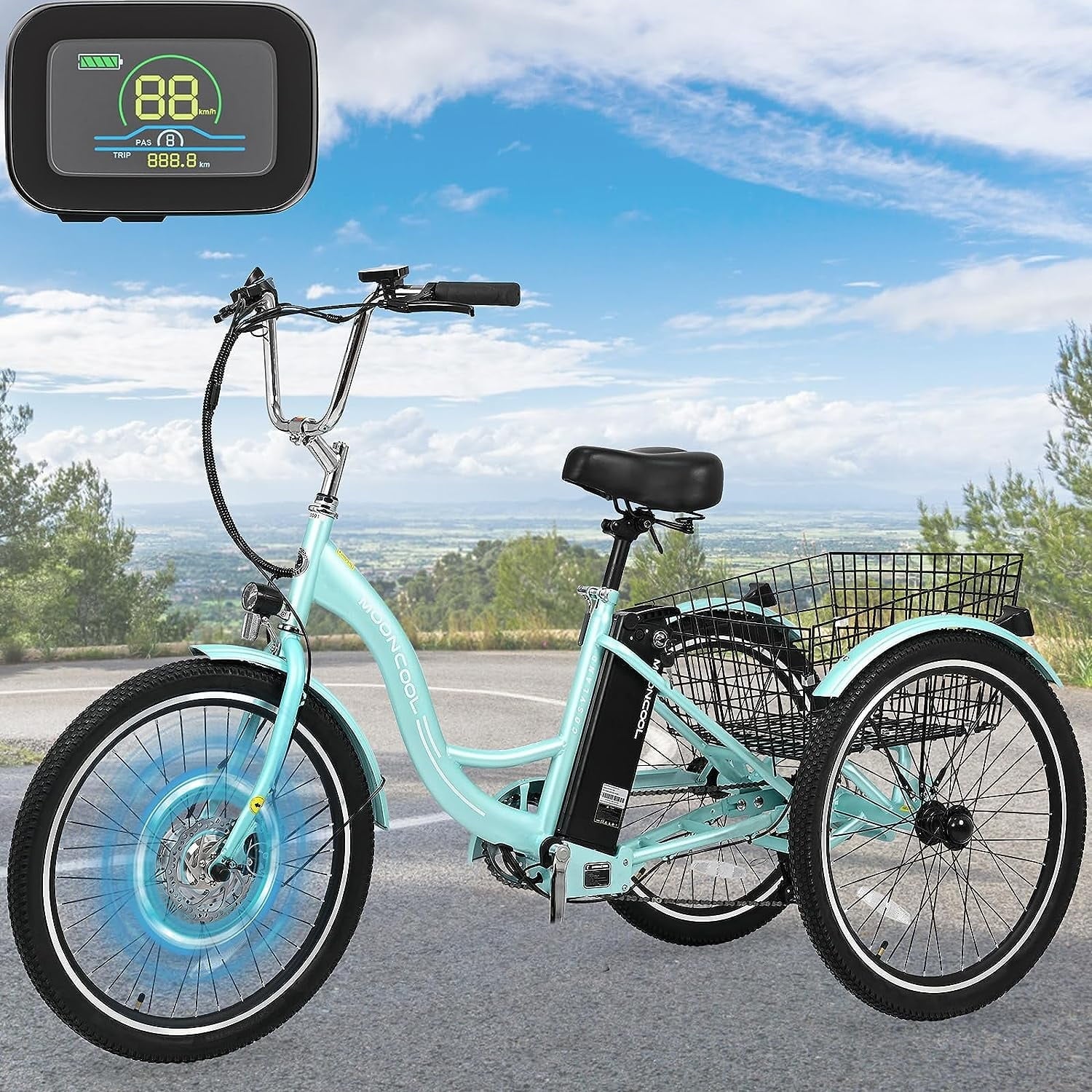 ABORON 3-Wheel Electric Tricycle with Basket, 350W, 36V 10Ah