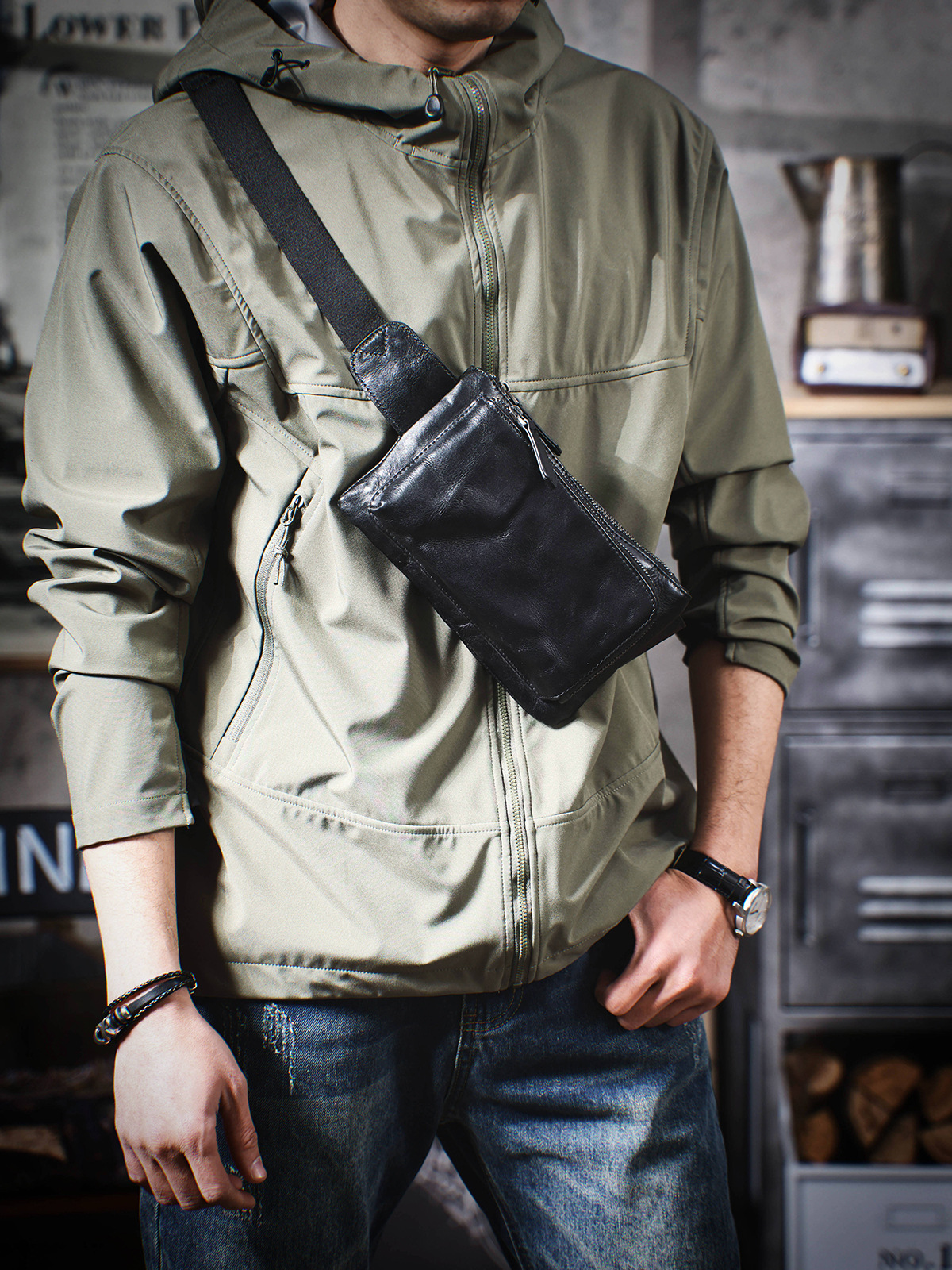 Modern Textured Leather Sling Pouch - Compact Utility for the Urban Lifestyle
