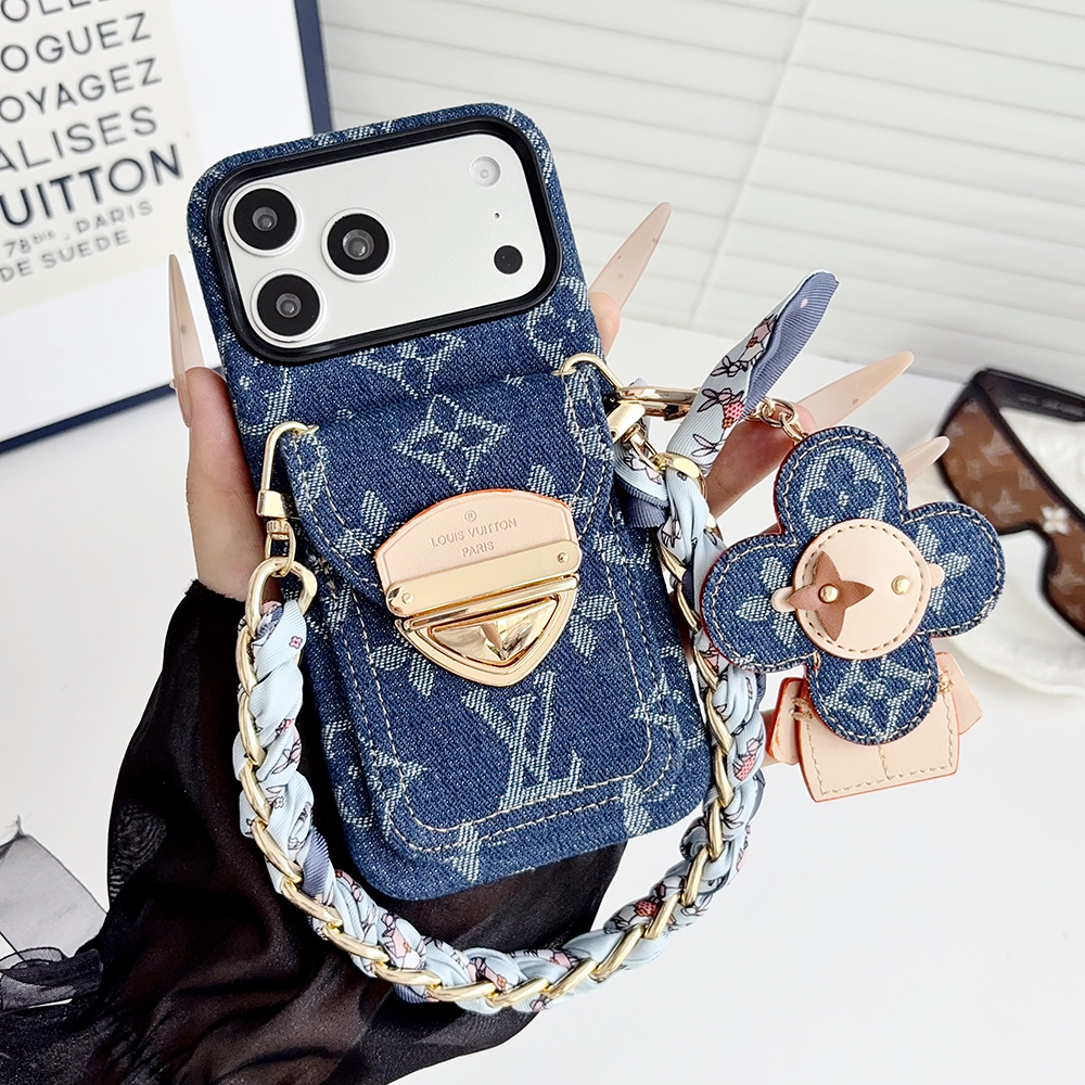 LV Monogram Denim Card Holder Phone Case With Chain Wrist Strap Vivienne Flower Charm