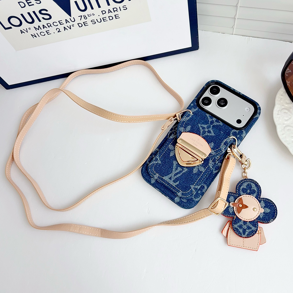 LV Monogram Denim Card Holder Phone Case With Chain Wrist Strap Vivienne Flower Charm