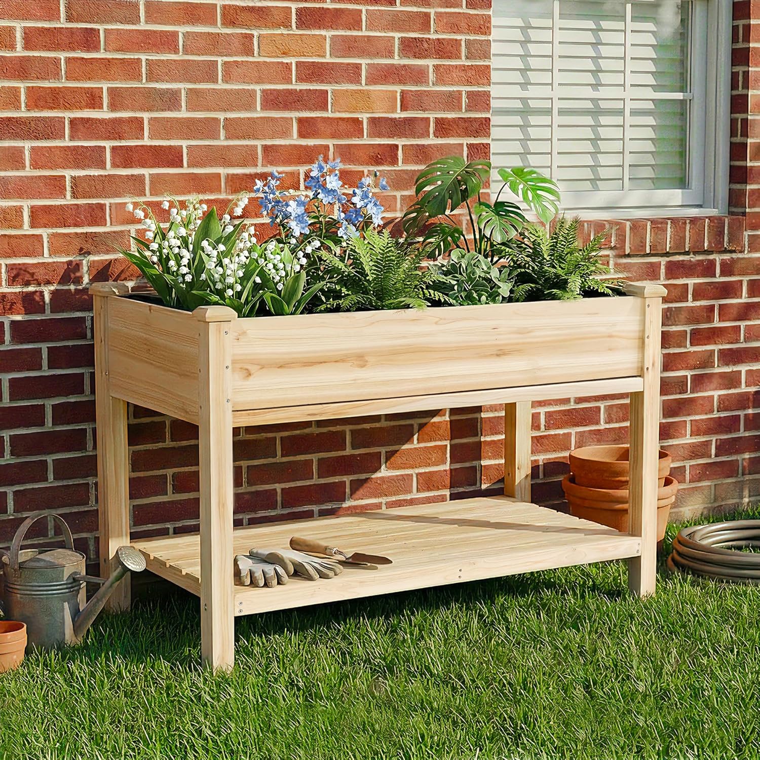 QIHAI Outdoor Wood Raised Garden Bed,Storage Shelf, Elevated Reinforced Large Planter Box for Vegetable Flower Backyard Patio Gardening Balcony,48x23x31.1-inch