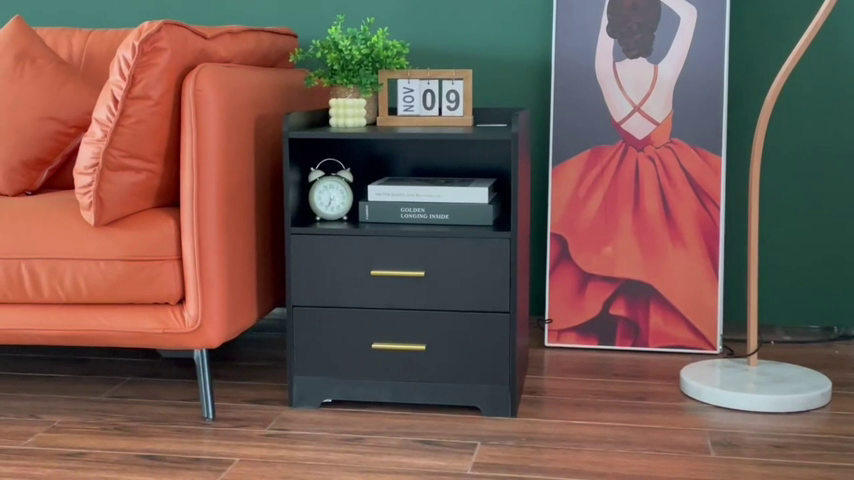 Black Nightstand with Charging Station