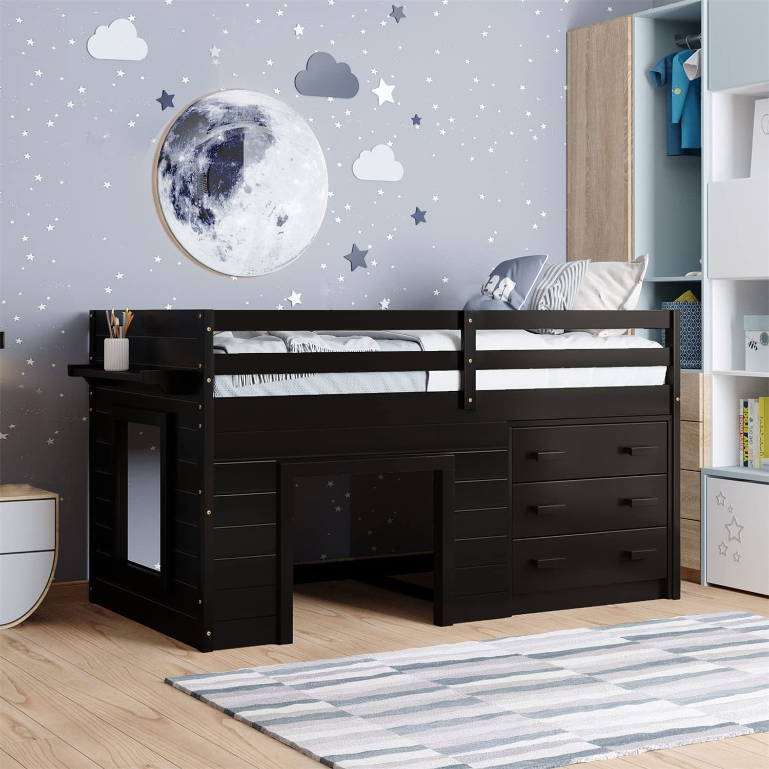 Bellemave Low Loft Beds with 3 Drawers Twin Loft Bed Frame with