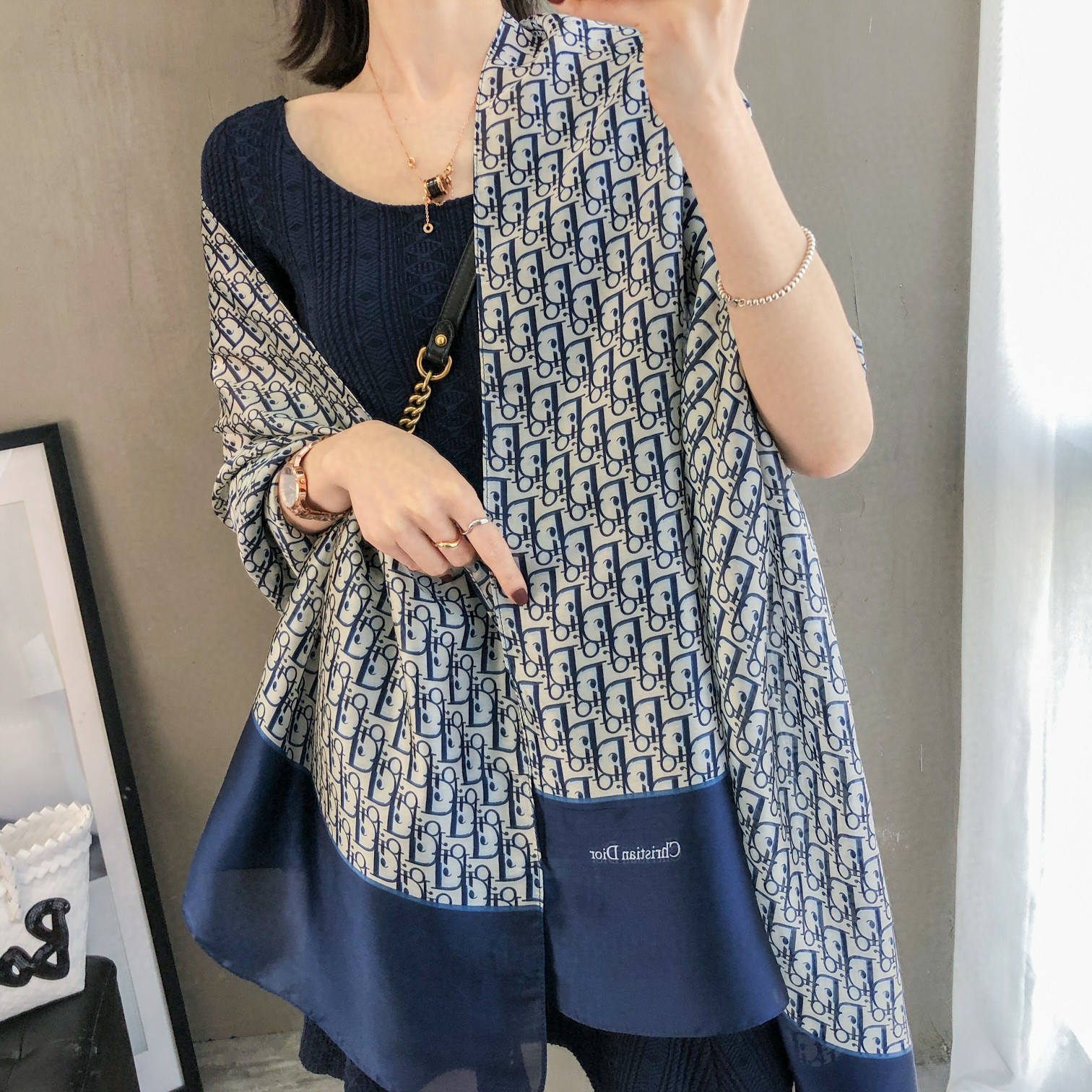 Dior Oblique Scarf Beige and Navy 90 x 180 cm