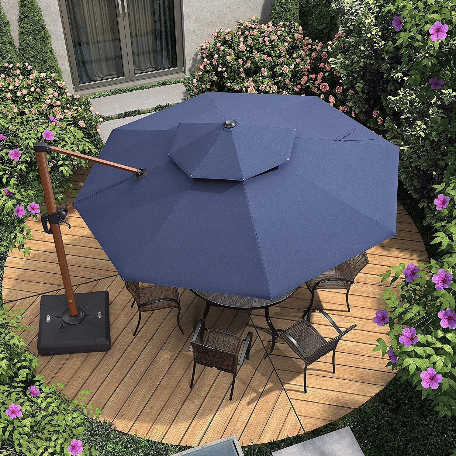 Double Top Deluxe Sunbrella Wood Pattern Round Patio Umbrella