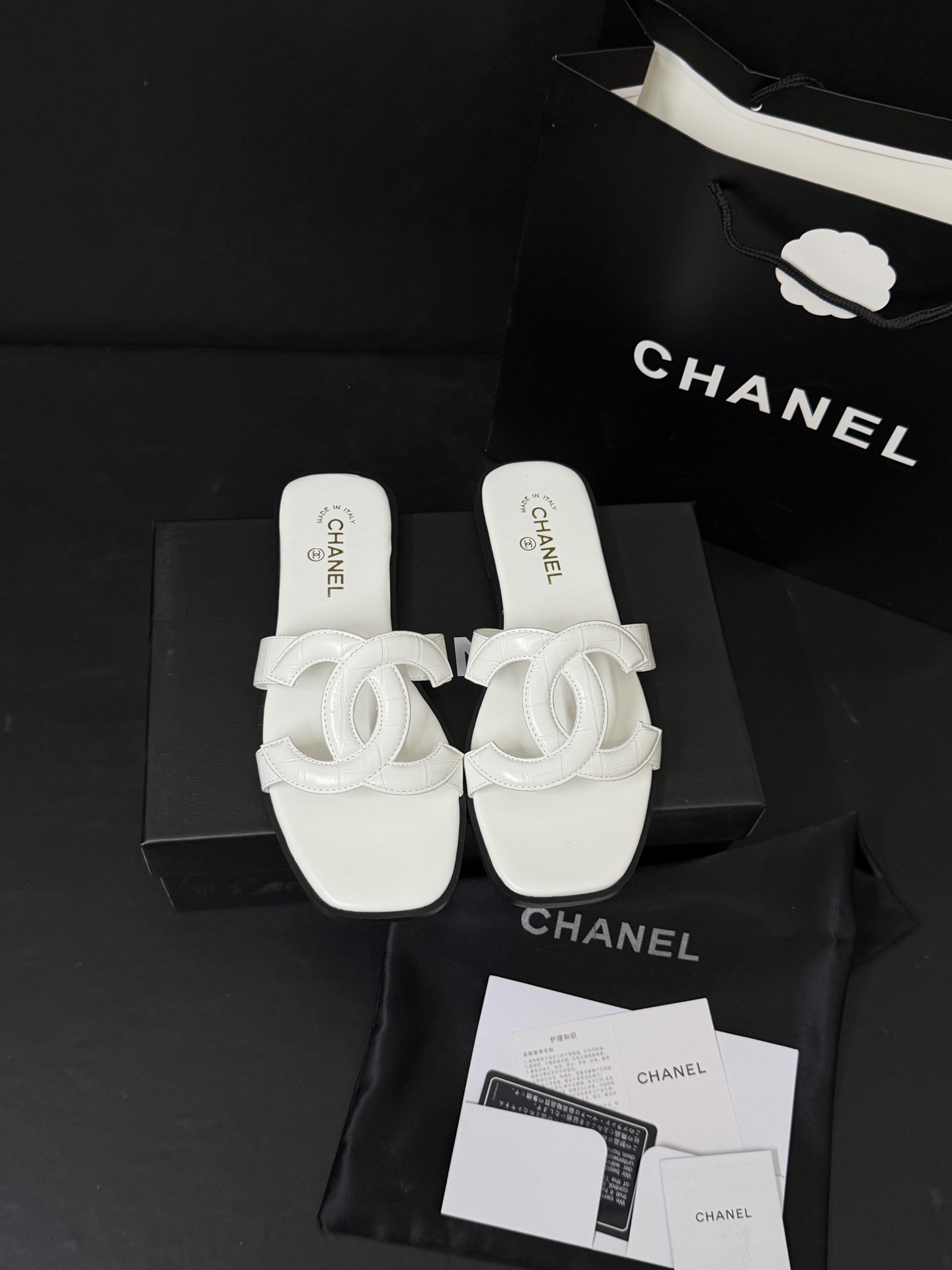 Chanel Logo-Strap Slide Sandals - Black & White
