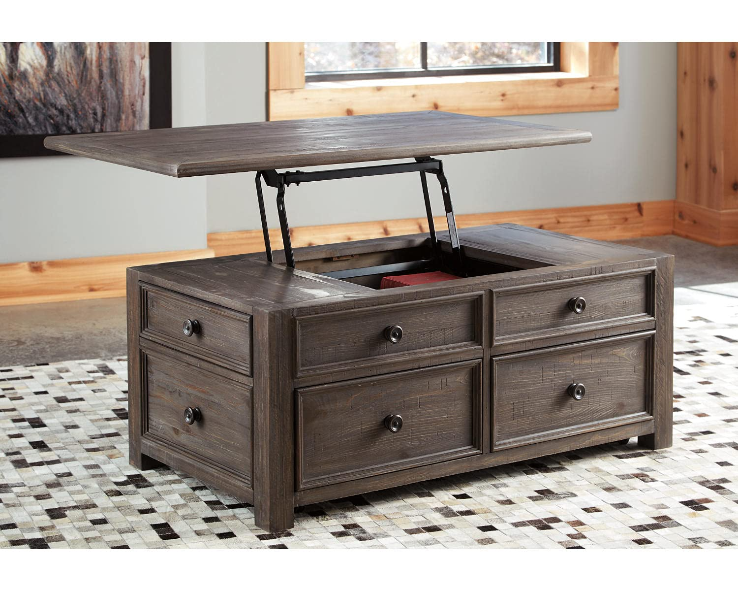 Rustic Rectangular Lift Top Coffee Table with 4 Storage Drawers