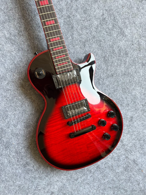 Red/Black Burst Solid Body Electric Guitar, EMG Pickups, Red Binding, LP Single