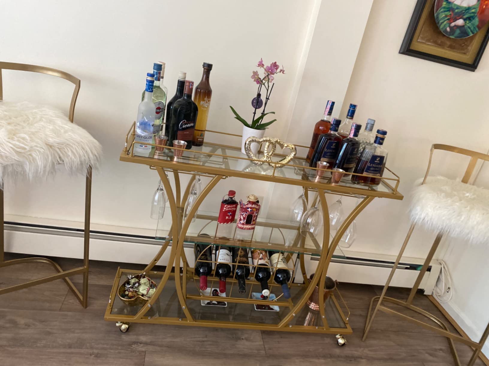 Bar Serving Cart with Glass Holder and Wine Rack