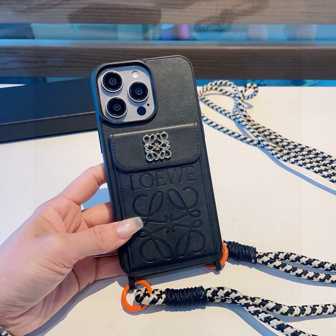 Loewe Style Leather Card Holder Phone Case with Crossbody Woven Strap