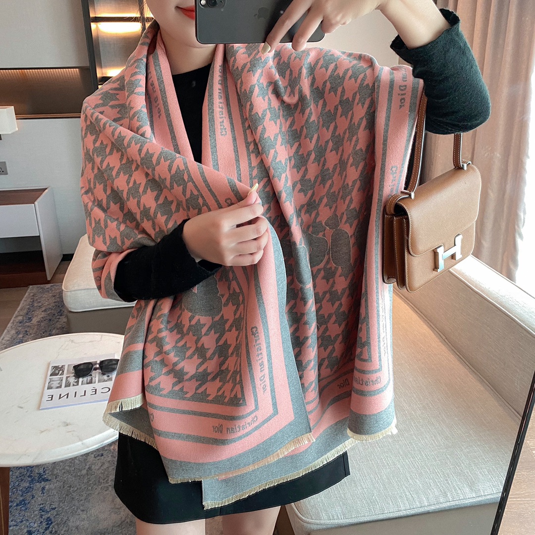 Dior Houndstooth Cashmere Scarf Blue and Pink