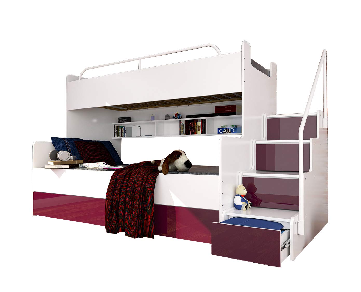 Bunk Bed for 2 Children Stairs Shelves Drawers Rail