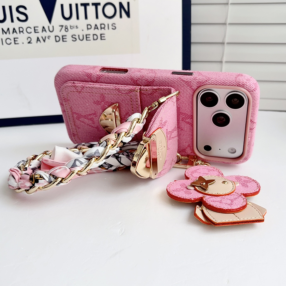 LV Monogram Denim Card Holder Phone Case With Chain Wrist Strap Vivienne Flower Charm