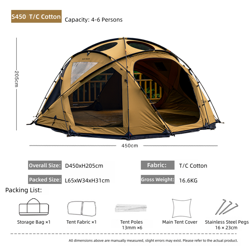 BLACK DRAGON S450 Cotton Canvas Tent Spherical Dome, Large Space, Windproof and Rainproof