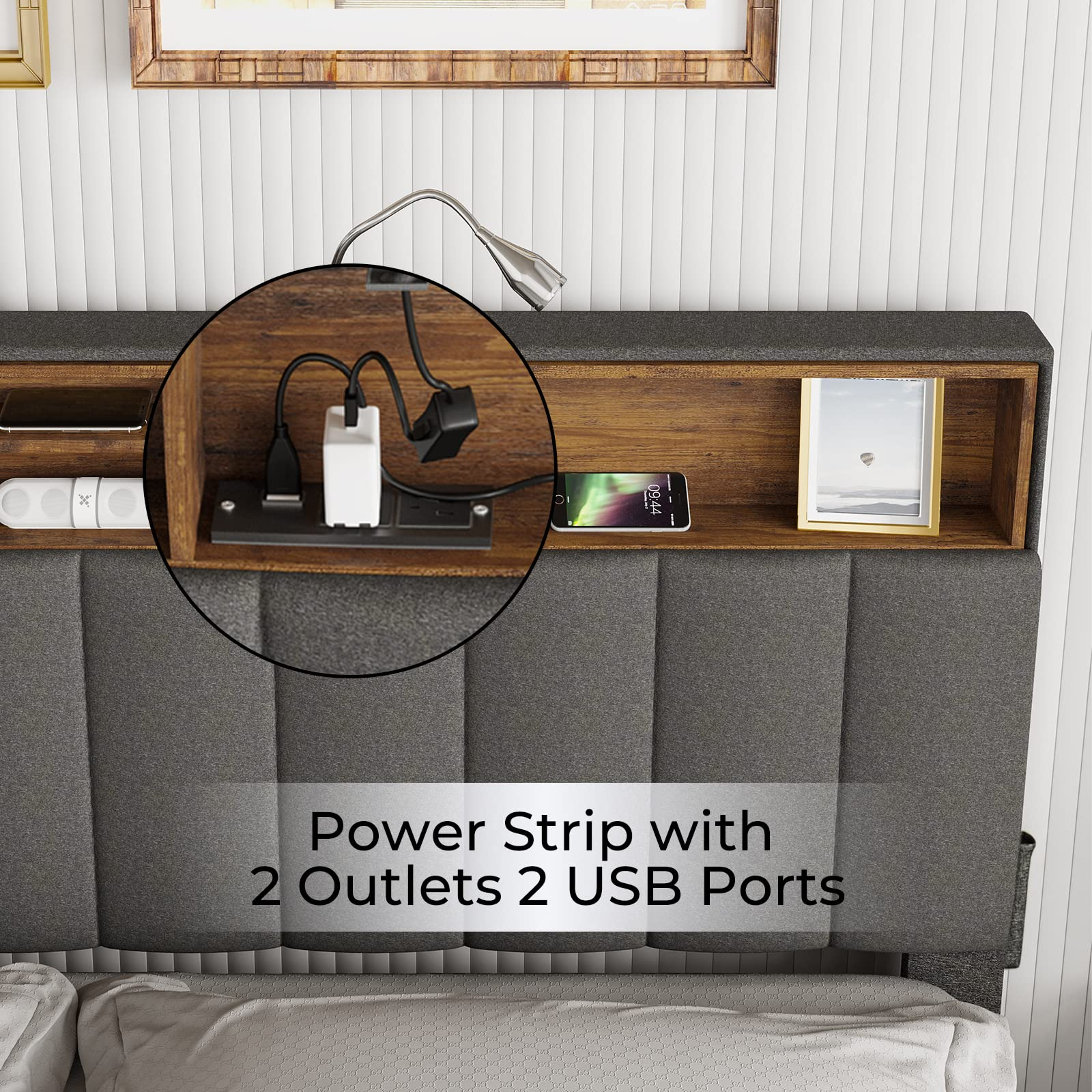 Queen Bed Frame with USB Ports and Outlets