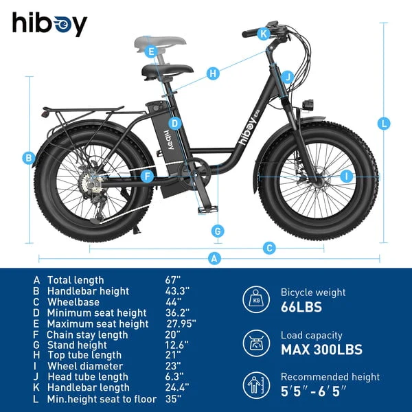 Hiboy 20in Fat Tire Electric Bike, 500W, 48V 15Ah, Black