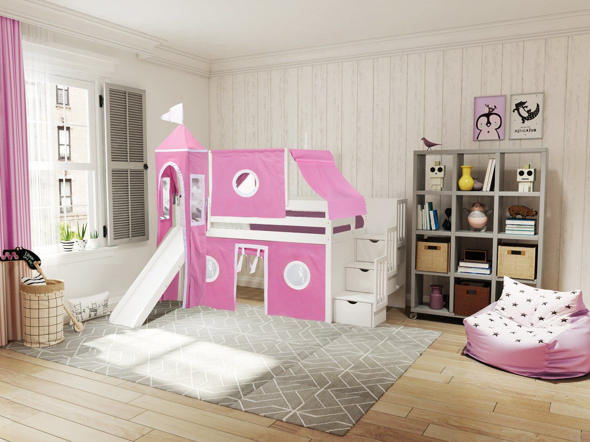 Princess Low Loft Stairway Bed with Slide Pink & White Tent &
