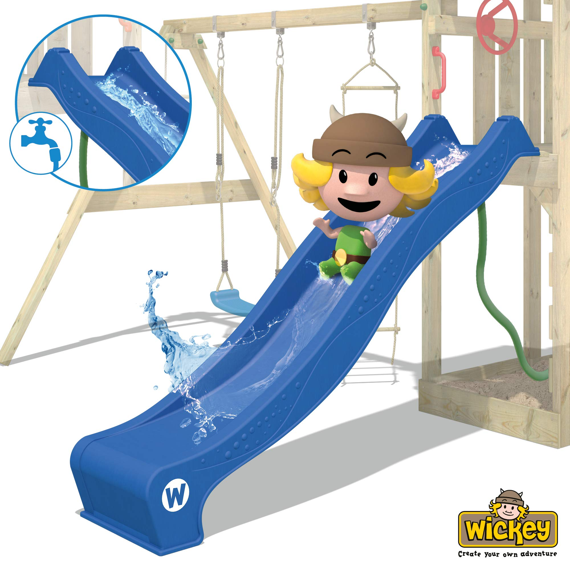 Wooden climbing frame TurboFlyer with swing set and blue slide