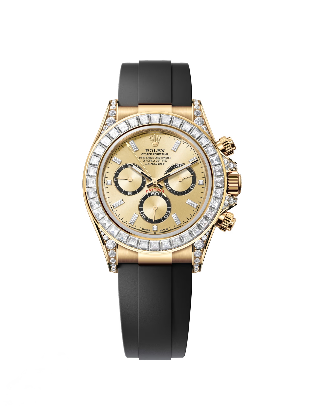 【Super Clone】Rolex Cosmograph Daytona 40mm Yellow Gold Diamond Baguette Champagne Dial Diamond Bezel Oysterflex - 126538TBR